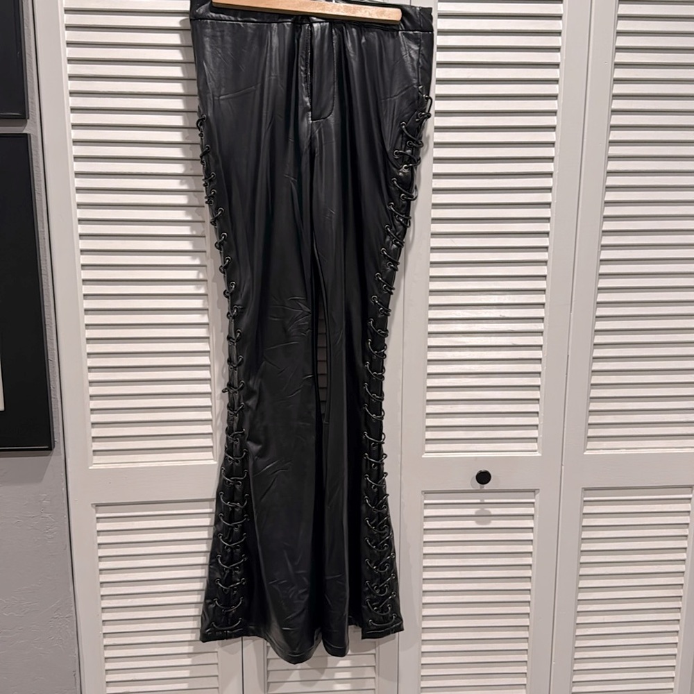 Akira faux leather side lace flare pants NWT some stretch.